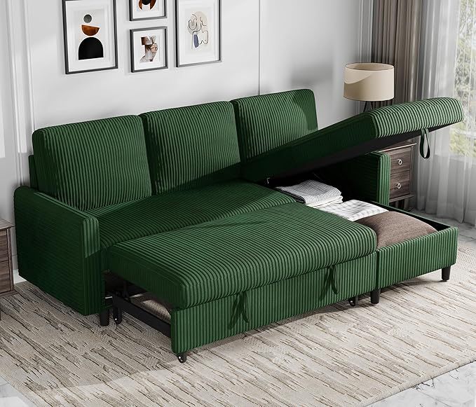 Nuturelly Sectional Sofa Couch Bed L Shaped Sleeper Sofa Bed Pull Out Bed with Storage, Reversible Sectional Couches for Living Room, Apartment, Office(Green)