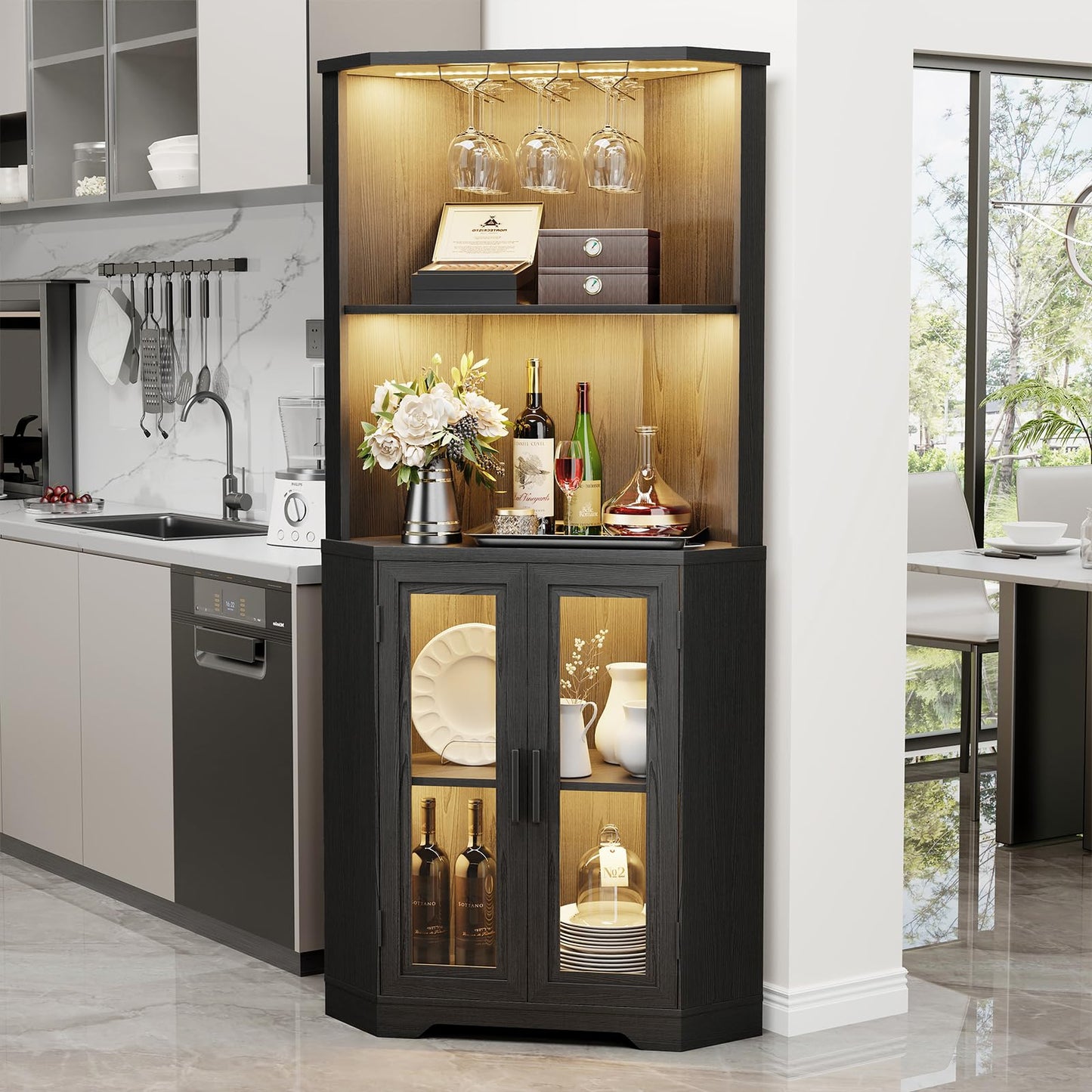 BROTTAR Corner Wine Bar Cabinet with LED Lights, 65" Tall Liquor Coffee Bar Cabinet with Glasses Holder & Tempered Glass Door, Alcohol Storage Hutch with Human Body Sensor for Dining Room, Black