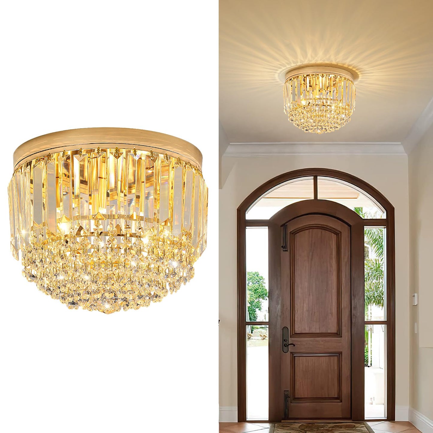YMP&YZX Modern 3-Lights Crystal Chandelier French Gold,11.8" Semi Flush Mount Crystal Ceiling Light LED Round Chandelier Light E12 Base for Bedroom Living Room