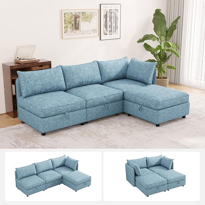 FIRLZY Modular Sectional 4 Seater Sofa with Removable Covers and Storage, Convertible L-Shaped and Sleeper Sectional, Modern Upholstered Couch with Removable Ottoman for Living Room, Blue