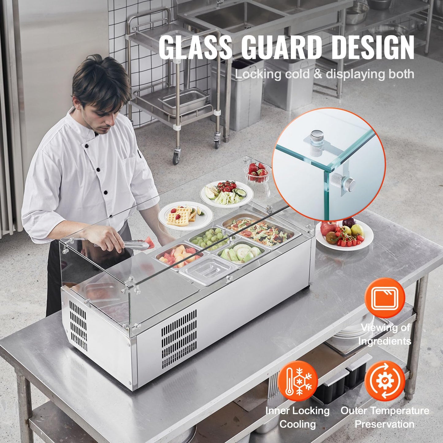 VEVOR Countertop Refrigerated Condiment Station, with 1 1/3 4 1/6 Pans, 304 Stainless Body and PC Lid, Sandwich Prep Table Guard, ETL, Glass 40in, Silver