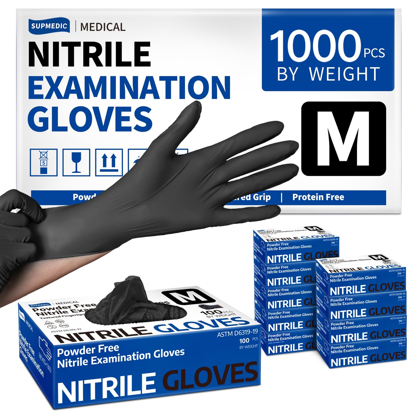 Supmedic Disposable Nitrile Gloves, Chemical Resistant, Powder-Free, Latex-Free, Food Safe, Medical Exam Gloves, Black, Medium, 1000 Pcs