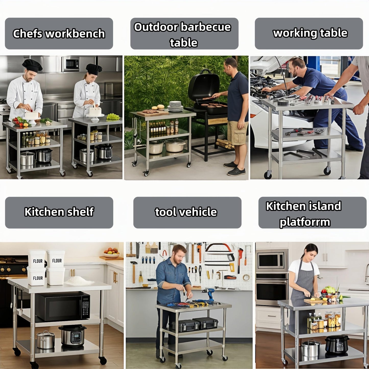 Stainless Steel Table with Wheels for Food Preparation and Work, Multi-Size Optional, Three-Layer Variable Two-Layer Metal Commercial Workbench Outdoor, Restaurant, Kitchen (40" Lx24 Wx34 H)