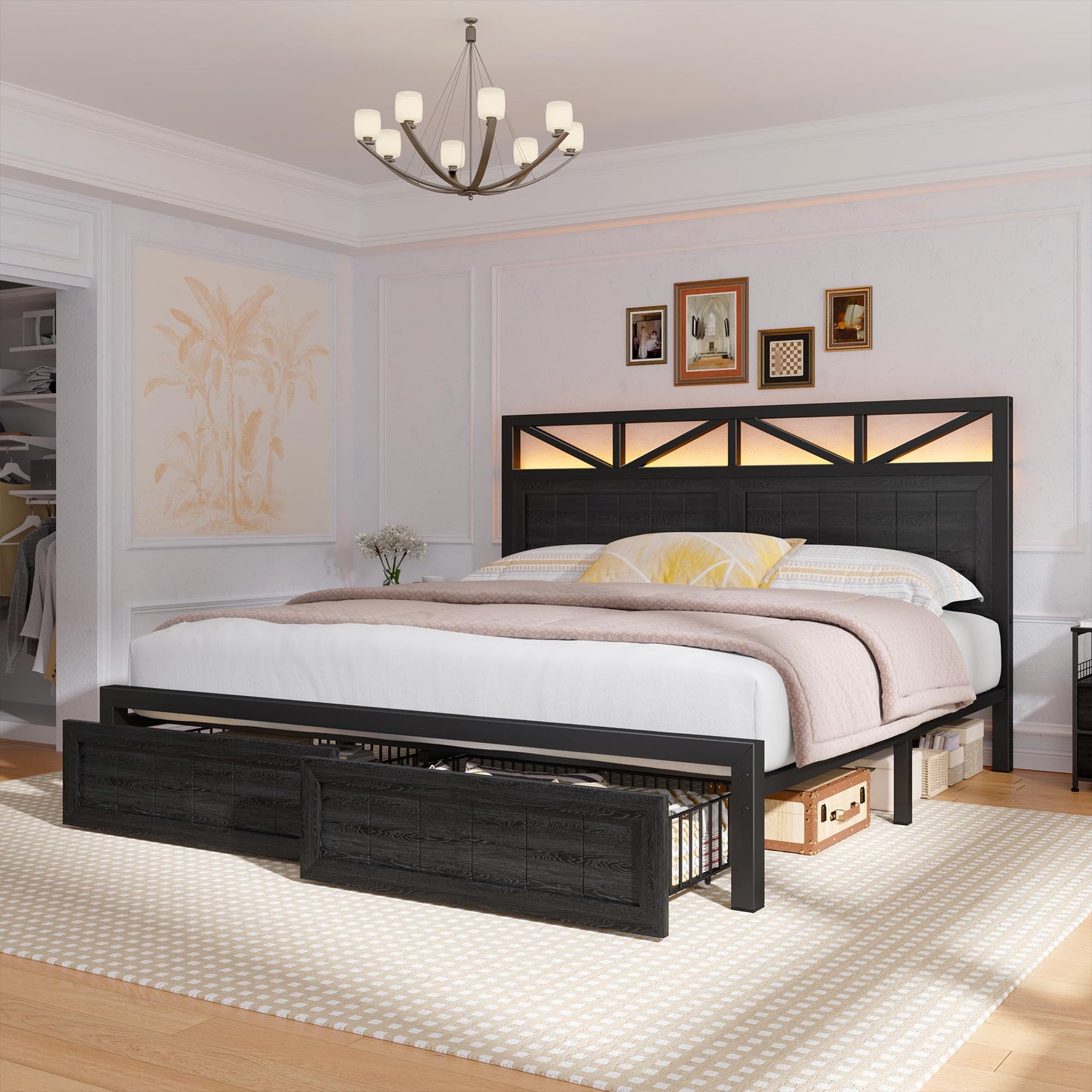 EnHomee Full Size Bed Frame with 2 Storage Drawers and Headboard Built in Charging Station & LED Light,NO Noise,No Box Spring Needed,Black
