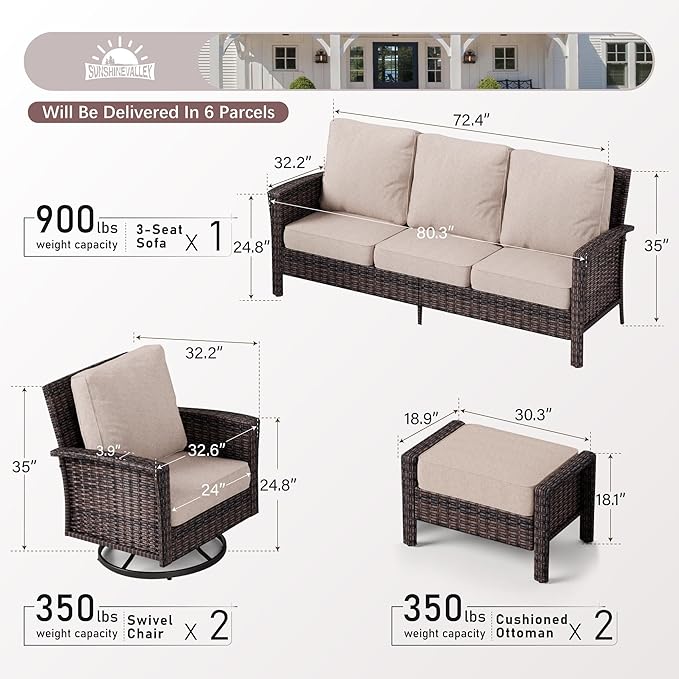 SUNSHINE VALLEY 5 Pieces Patio Furniture Set with Swivel Chairs, High Back Wicker Rattan Sofa with Extra Thick Cushion and Ottoman, Outdoor Conversation Set for Garden Backyard Deck,Beige