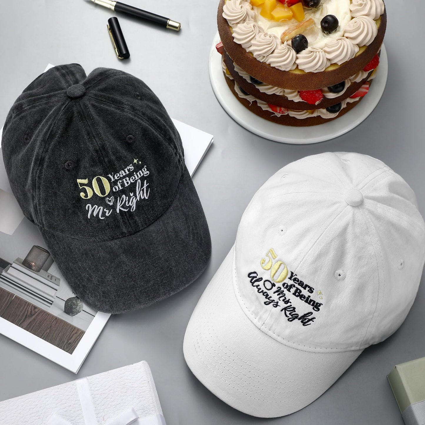 Ramede 2 Pcs 50th Wedding Anniversary Baseball Cap Gift for Couple 50th Wedding Anniversary Hat Gifts for Husband Wife Mr Mrs Multicolor