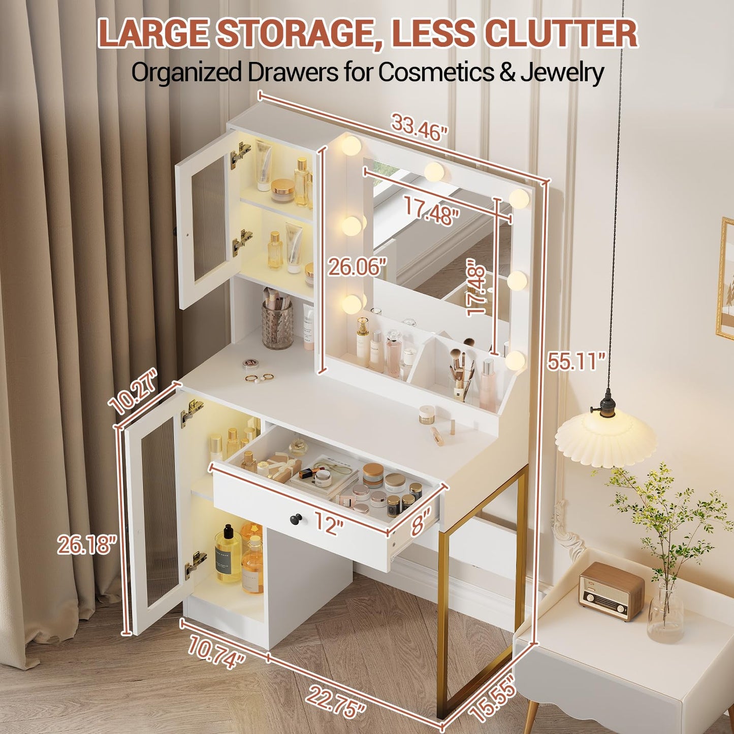 Garvee Vanity Desk with Mirror and Lights Elegant Makeup Vanity Table with Drawers & Cabinets, Storage, Sturdy MDF Top, Adjustable Brightness Bulbs, Built-in Power Outlet & USB Ports for Bedroom