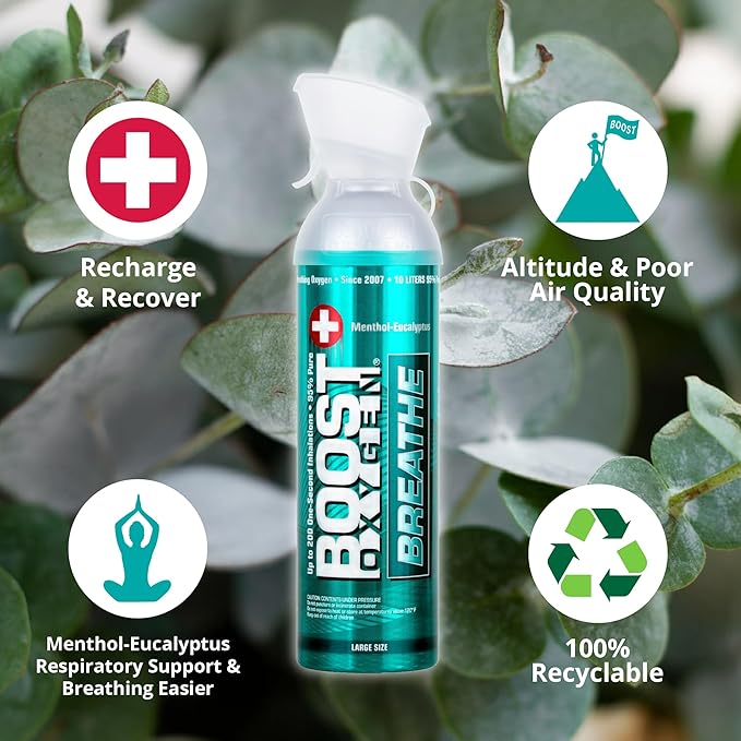 Boost Oxygen Large Breathe Menthol-Eucalyptus Aroma 10 Liter Canister | All-Natural Resiratory Support for Aerobic Recovery, Altitude, Performance and Health (4 Pack)
