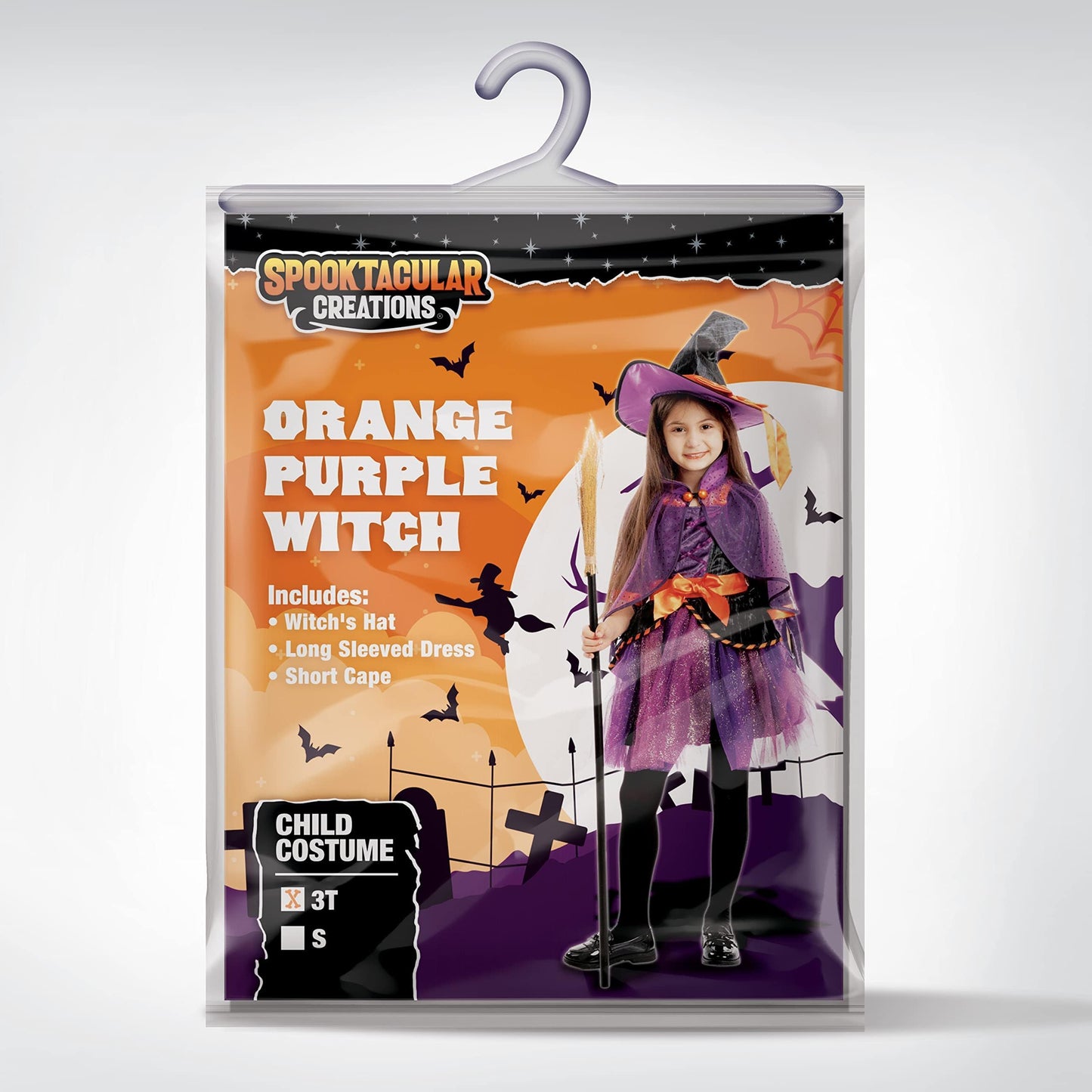 Spooktacular Creations Child Girl Orange Purple Witch Costume, Toddler Witch Outfit Set with Broom for Kids Halloween Dress Up Parties (Toddler (3-4yr))