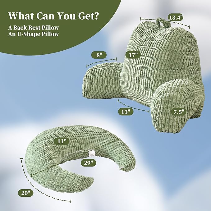 PAJEO Back Pillow for Bed Sitting Up,U Shaped & Back Support Pillow for Bed,19" Backrest with Lumbar & Arm Support,Comfy Corduroy Fabric,Lap Pillow for Gaming/Reading/Watching TV,Green