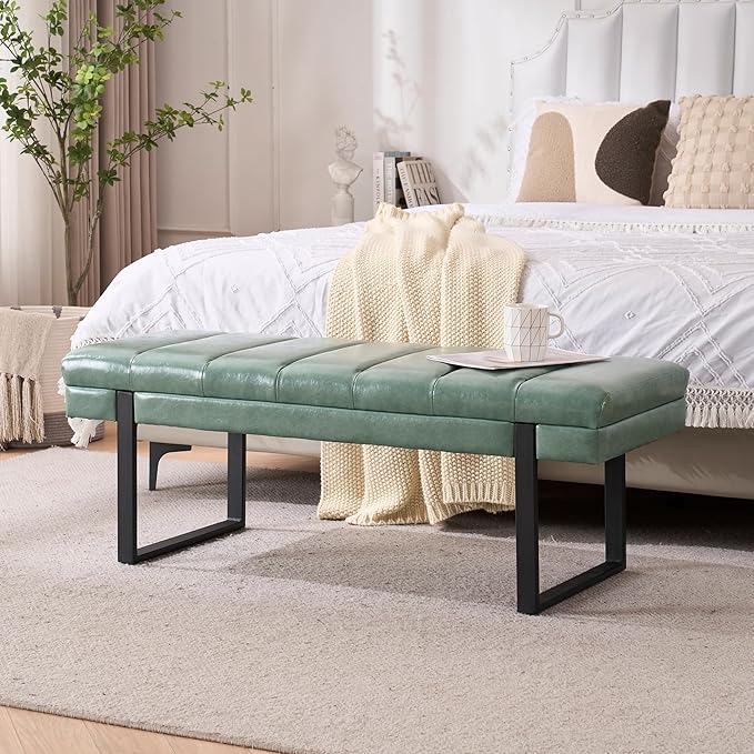 AIITTCC Faux Leather Bench 46.5" Ottoman Bench,Tufted Padded End of Bed Bench with Metal Legs, Upholstered Shoe Bench for Bedroom Living Room Entryway Window (Sage Green, 46" Wide)