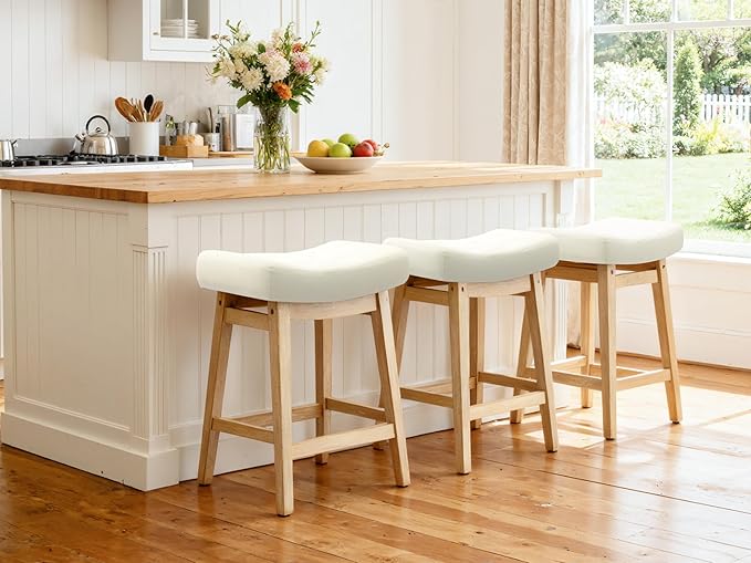 RNKSFX Counter Height Bar Stools Set of 2 for Kitchen Counter Backless Farmhouse Kitchen Island Barstools with Upholstered Faux Leather Saddle Seat and Solid Wood Legs Modern 24 inch Bar Chairs, White