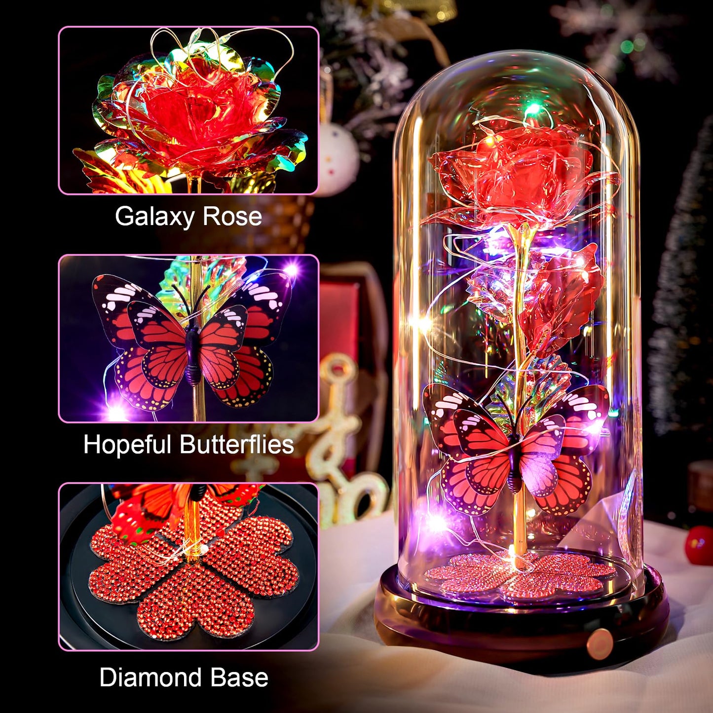 Birthday Gifts for Women Mom, Rechargeable Galaxy Glass Rose Light Up Rose In Glass Dome Forever Crystal Flowers Butterfly Gift Anniversary Christmas Roses Gifts for Her Wife Sister Friends Red