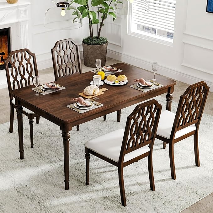 chairus Farmhouse Dining Chairs Set of 4, French Country Vintage Wooden Dining Room Chairs with Lattice Back & Turned Legs, Rustic Chenille Upholstered Nailhead Trim Side Kitchen Chairs, Walnut Brown