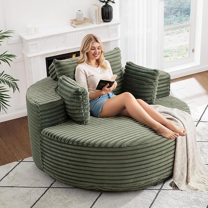 360-Degree Oversized Swivel Chair, Modern Round Circle Corduroy Comfy Deep Seat Swivel Accent Chaise Lounge Sofa Chair with Back Cushion & 2 Throw Pillows for Living Room Bedroom Office, Green