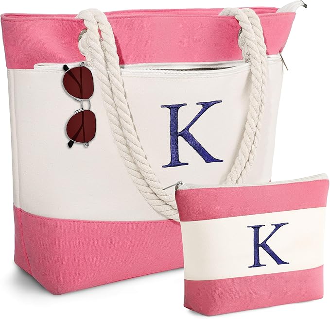 YOOLIFE Beach Bags for Women - Initial Canvas Tote Waterproof Bag with Makeup Bag Gifts for Women Mom Friend Birthday Her