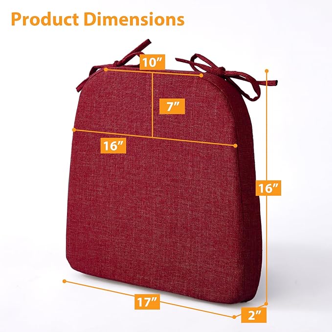 Ruqmuis Chair Cushions for Dining Chairs, 2" Thick Seat Cushions for Kitchen Chairs, D-Shaped Chair Pads with Washable Cover, Ties and Non Slip Backing, 17'' x 16'', Set of 6, Red