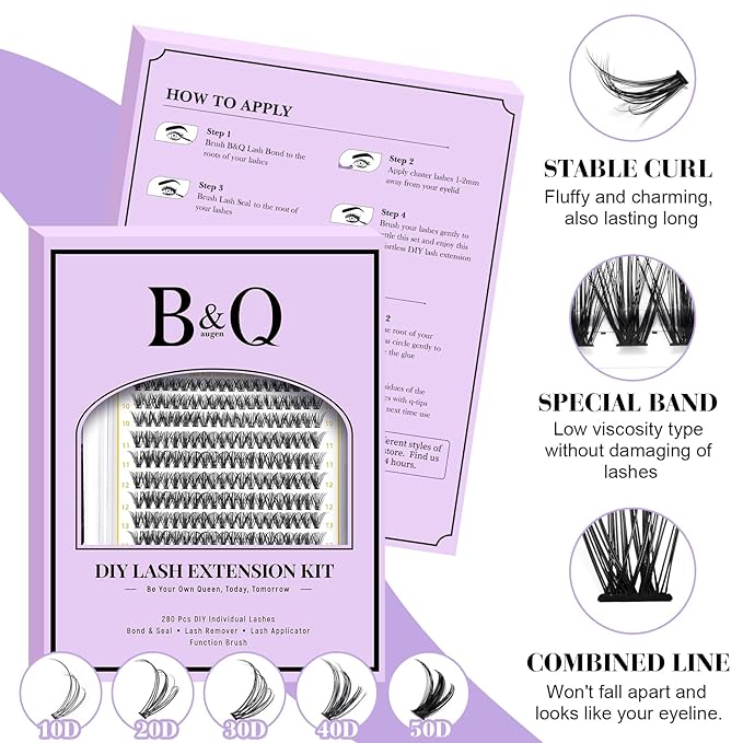 B&Q Lash Clusters Kit 280PCS Eyelash Clusters Kit,40D D 9-16MIX Individual Lash Comfortable Eyelash Extension Set, Classic Look with Bond and Seal Waterproof, Remover DIY at Home(Set,40D)