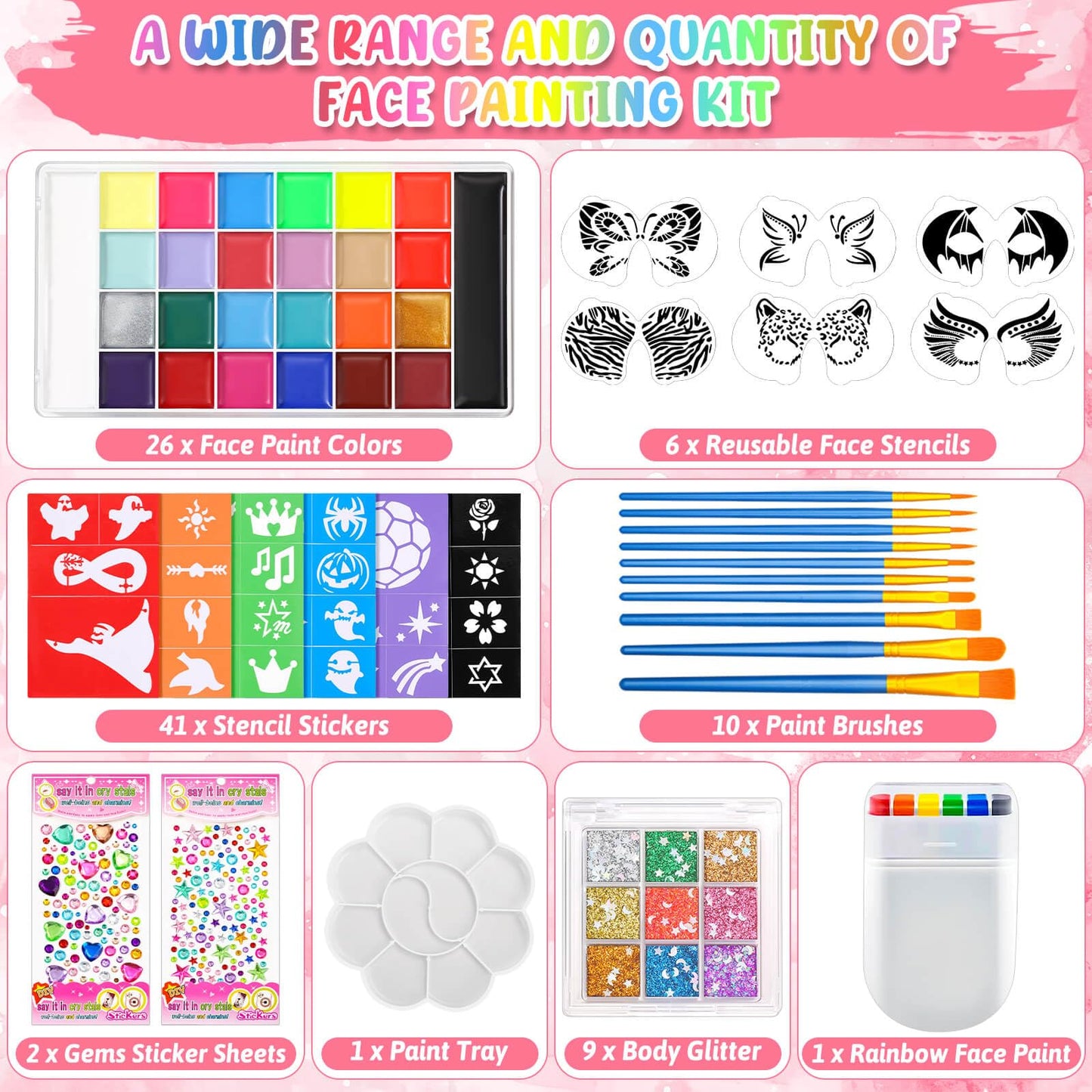 Professional Face Painting Kit, 26 Colors Oil Palette Face Paint with 6 Stencils, 41 Stencil Stickers, 10 Brushes, 9 Body Glitter, 2 Sheets Adhesive Gems, Rainbow Facepaint for Kids Party & Halloween