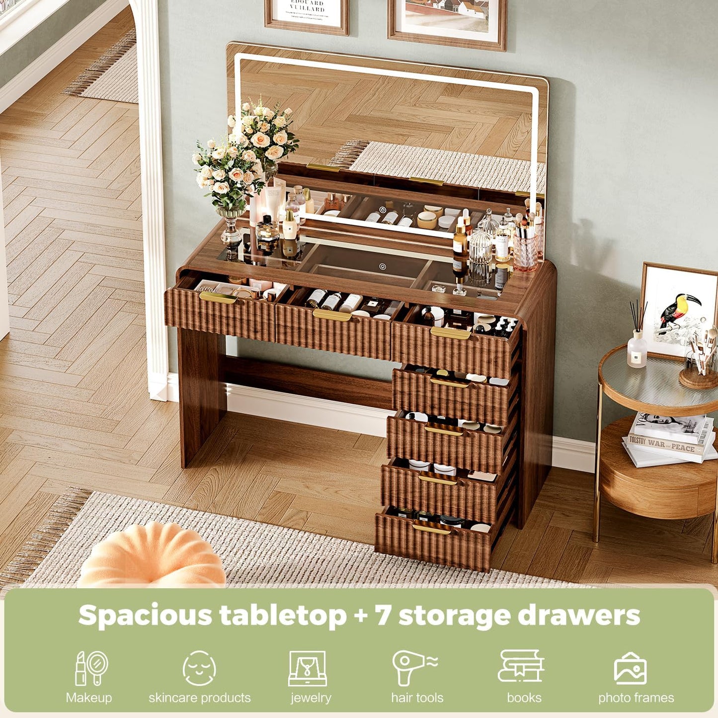 47“Makeup Vanity Desk with 44.8" Mirror and Lights, Vanity Desk with 7 Drawers, Makeup vanity table with a glass tabletop, 3 Color Modes & Adjustable Brightness Dressing Table, Bedroom,Walnut