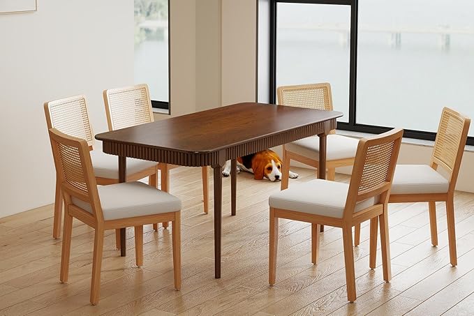 LukeAlon Set of 6 Farmhouse Dining Chairs - Modern Woven Cane Back, Plush Chenille Upholstered Seat, Solid Wood Legs, Mid Century Kitchen & Dining Room Chairs, Comfortable Accent Side Chairs, White