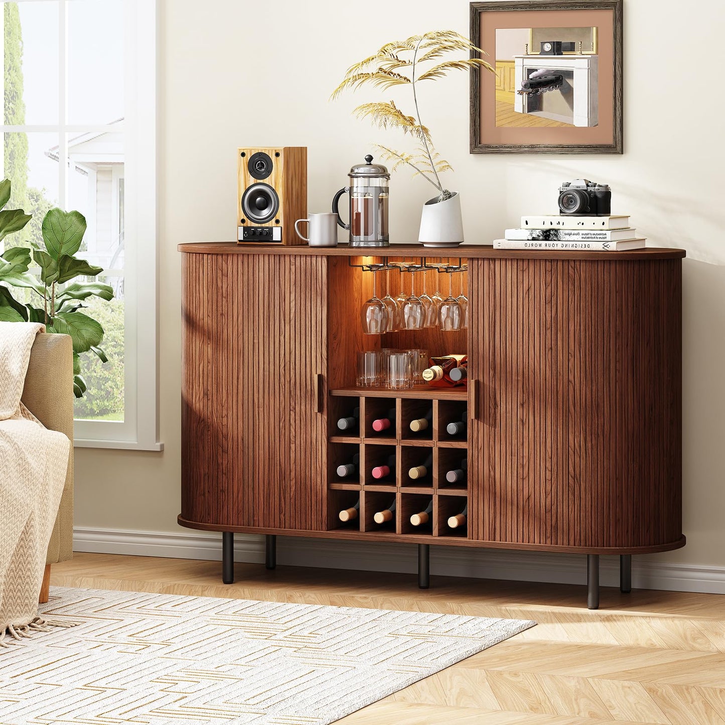 ONBRILL 55" Wine Bar Cabinet with LED Light,Modern Liquor Whiskey Coffee Station with Wine Rack and Glass Holder, Farmhouse Buffet Sideboard with Storage for Living Room, Kitchen, Entryway (Walnut)