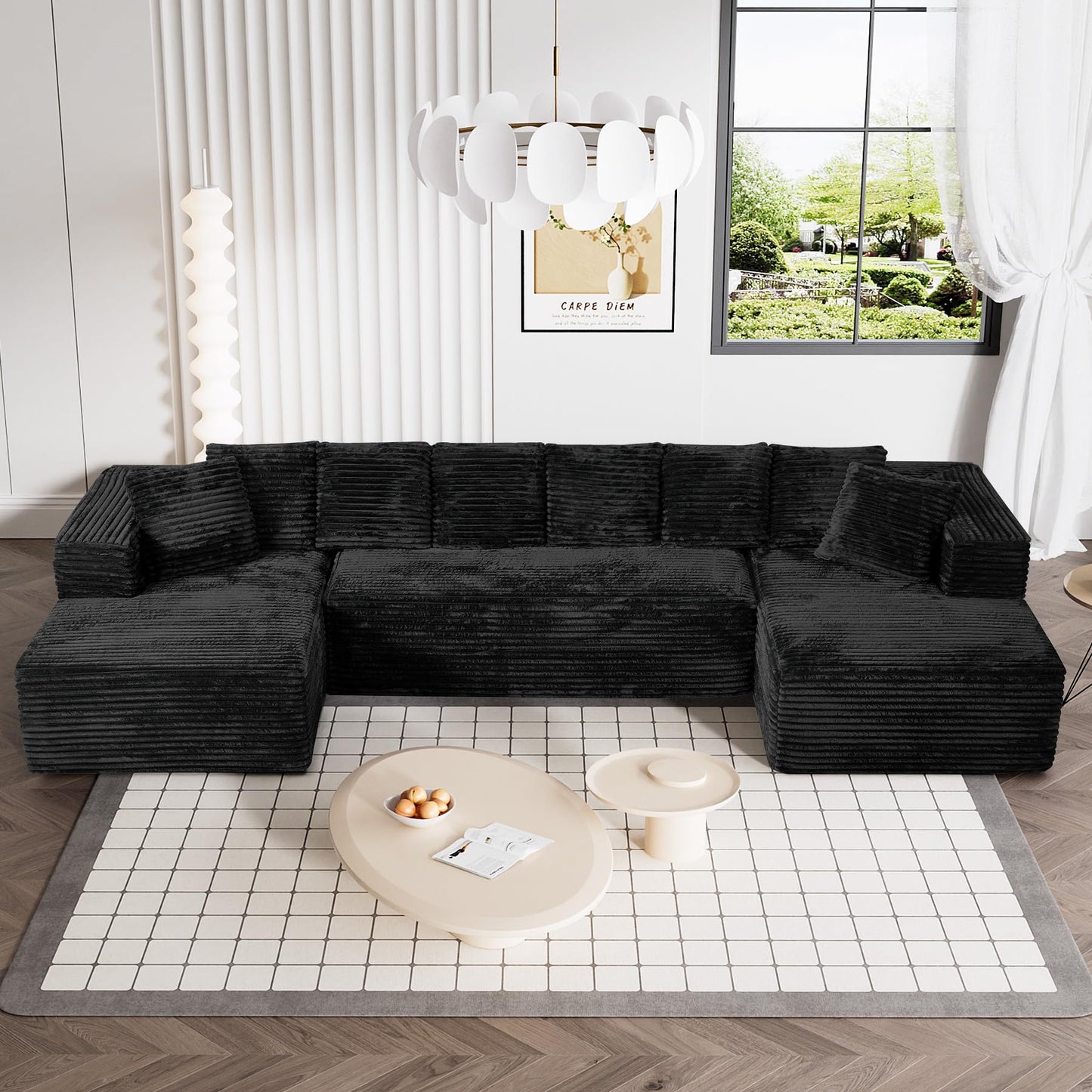 ONEMMLION 131" Modular Sectional Sofa Cloud Couch, Corduroy Memory Foam Black Sectional Couches for Living Room, Modern Deep Seat Boneless Sofa, Comfy Fluffy Plush U Shaped Couch with Chaise Lounge