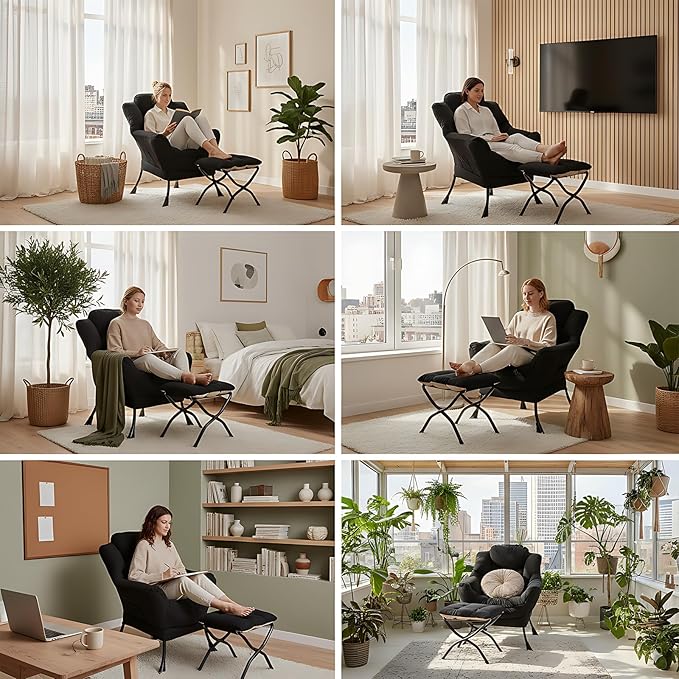 Furlide Lazy Chair with Ottoman, Comfy Fabric Accent Lounge Arm Chair with Lumbar Pillow and Folding Footrest, Reading Leisure Sofa Chair for Bedroom, Living Room, Dorm,Black