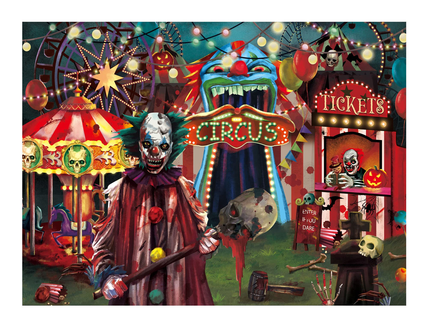 Funnytree 8x6ft Halloween Evil Circus Theme Backdrop for Photography Clown Creepy Carnival Haunted House Horror Scary Birthday Party Decorations Banner Home Decor Photo Booth Props Background