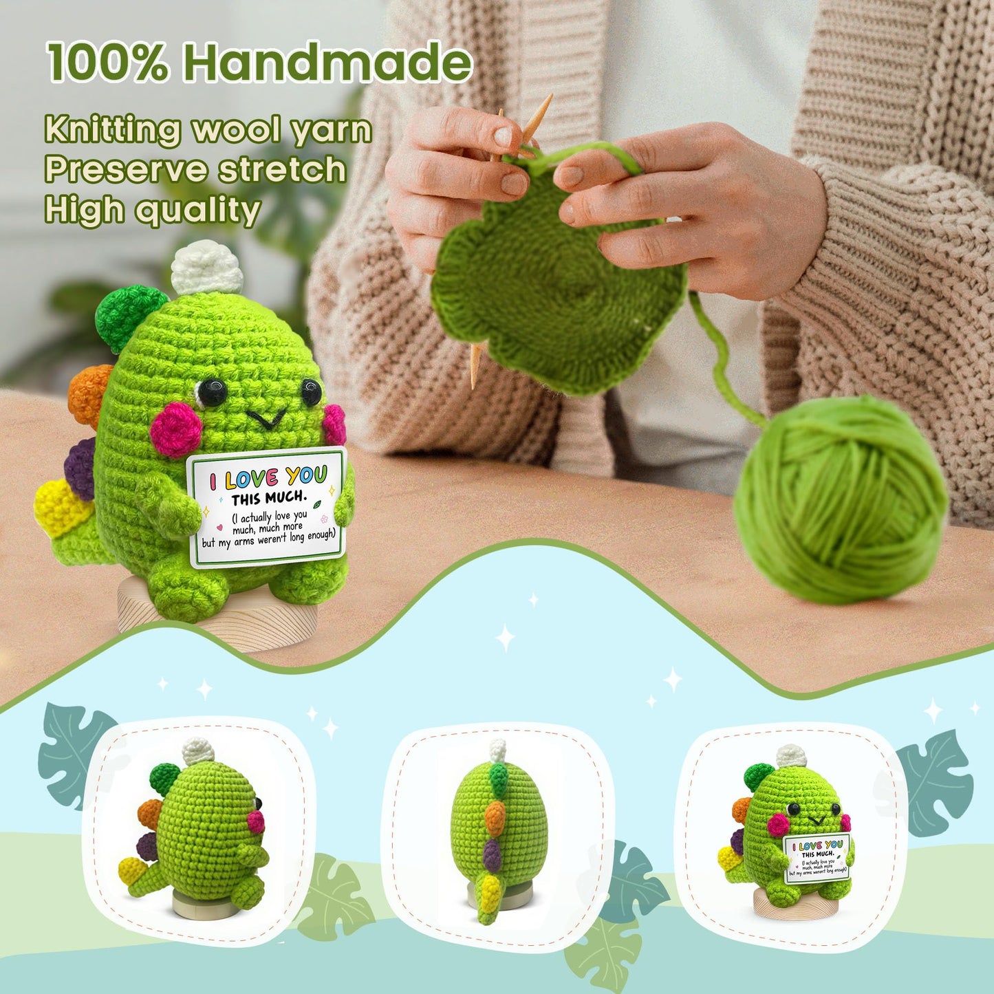 Gossby Handmade Positive Dinosaur Crochet - I Love You This Much - Gift for Husband, Boyfriend - Romantic Anniversary, Valentines, Xmas, Birthday Gift for Him from Wife, Girlfriend - Knitted Decor