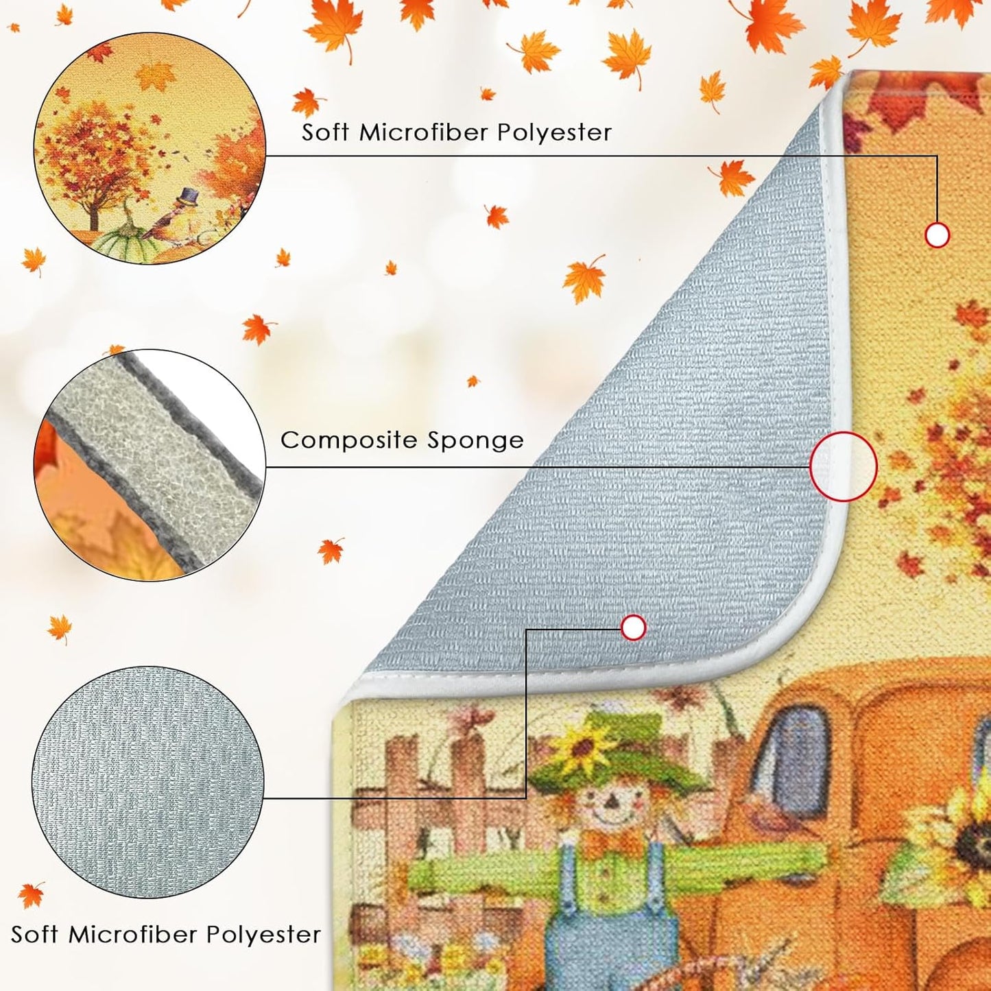 Sanwarm Absorbent Dish Drying Mat, Fall Truck Pumpkin Microfiber Pad for Kitchen Counter, Tree Leaf for Coffee Bar Decor, Heat Resistant and Reversible, 16" x 18"