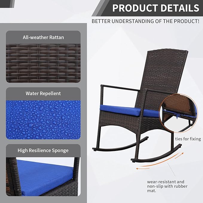 Outdoor PE Wicker Rocking Chair 3-Piece Patio Rattan Bistro Set 2 Rocker Armchair and Glass Coffee Side Table Furniture Washable Lacing Cushions, Blue