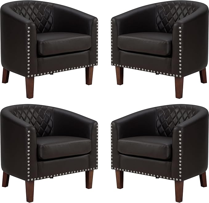 PrimeZone Barrel Chair, Comfy Accent Chair, Faux Leather Living Room Chairs Club Chairs with Cushion, Nailhead Trim and Diamond Mesh Backrest, Reading Chairs for Bedroom Waiting Room, 4PCS, Brown