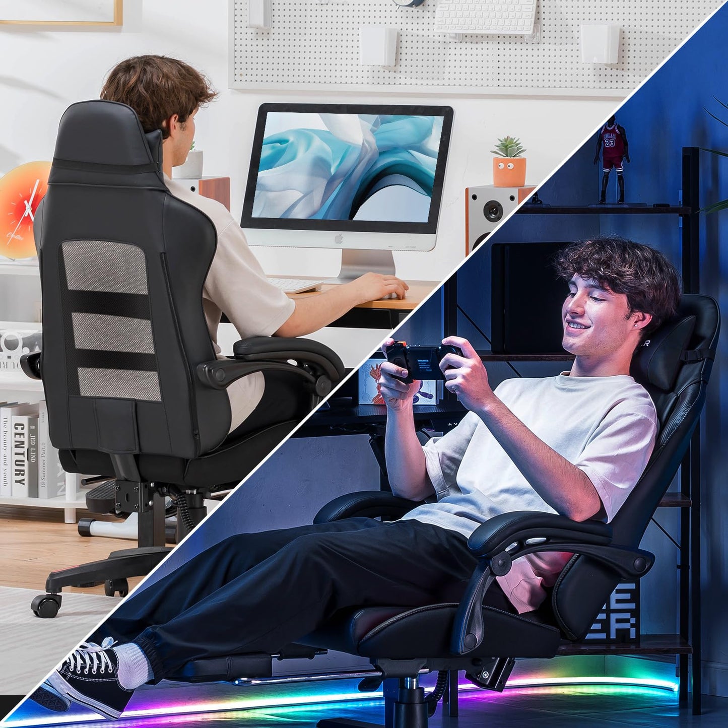 GTPLAYER Gaming Chair, High Back Leather Computer Game Chair with Footrest, Ergonomic Height Adjustable Office Chair with Removable Cover and Lumbar Support for Gaming and Work (Black)