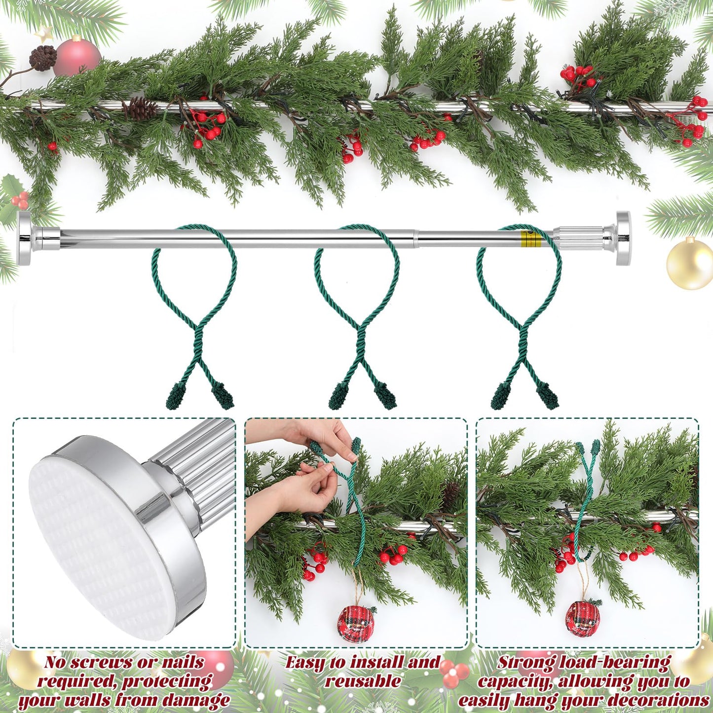 Leinuosen Christmas Front Door Garland Hanger 43-74 Inch Adjustable Christmas Wreath Hanger Stainless Steel Retractable Rod with 3 Green Tie Ropes No Nails Screws No Damage for Xmas DIY Hanging Decor