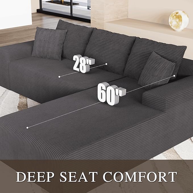 NAYA 106” Modular Sectional Sofa, Cloud Sectional Couch with Deep Seat, Modern Modular L-Shape Sofa Boneless Couch with Chaise for Living Room Bedroom (Grey, Sectional Sofa with Right Facing Chaise)