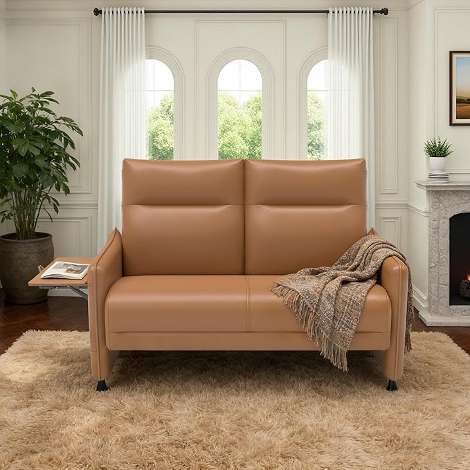 Tbillionnext Faux Leather Loveseat, Upholstered Loveseat with Hidden Foldable Tray & Side Pocket, Rear Contour Arm Design, Modern 2-Seater Sofa Couch for Small Spaces, Bedroom, Brown