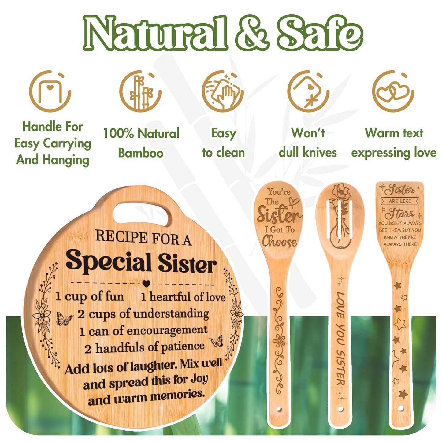 Sister Gifts from Sister - Engraved Bamboo Cutting Board Set, Unique Sister Birthday Gifts, Mothers Day Christmas Birthday Gifts for Sister