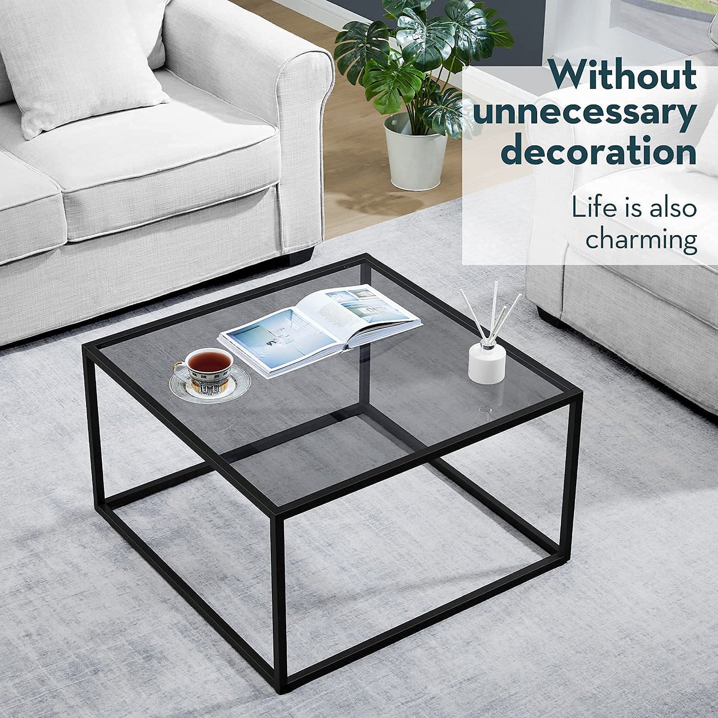 SAYGOER Glass Coffee Table, Small Modern Coffee Table Square Simple Center Tables for Living Room 26.7 x 26.7 x 17.7 Inches, Gray Black