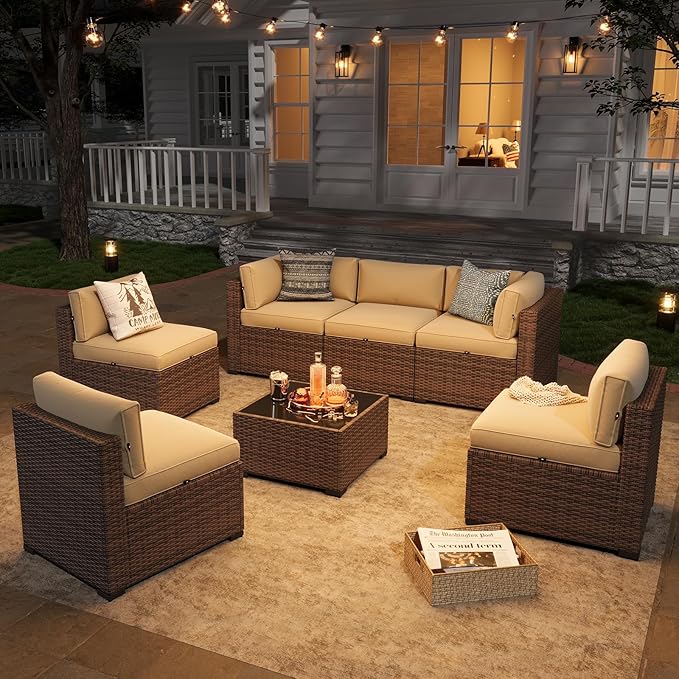 Aoxun Patio Furniture Sets, 7-Piece Outdoor Patio Furniture with Thick Cushions, Wicker Outdoor Conversation Set Sectional Sofa for Backyard, Poolside, Garden