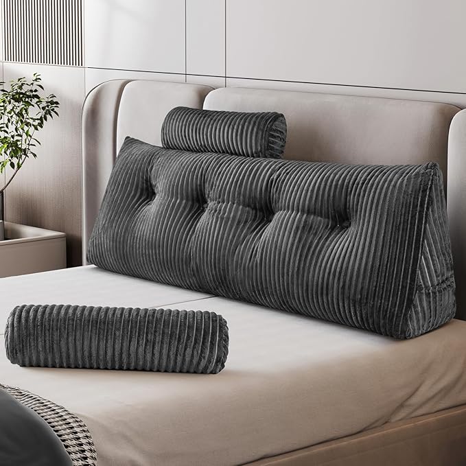 Z-hom Large Wedge Pillow Headboard, Full Triangular Headboard Pillow, Reading Pillow Bed with a Roll Pillow for Bed Sitting Up Sleeping, Backrest Cushion Headboard Gap Pillow for Back,Grey