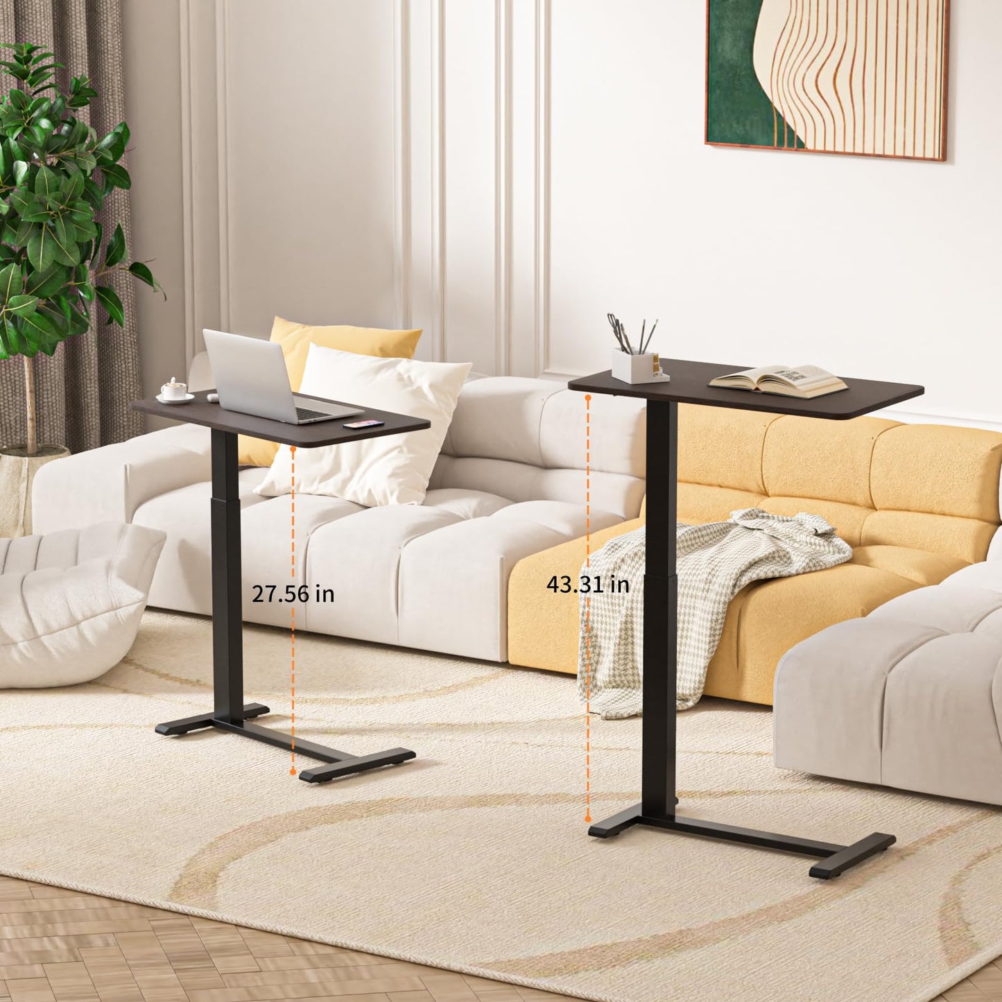 Ywin Adjustable Height Side Table, Adjustable Bedside Table with Wheels, Overbed Bedside Table, Pneumatic Moveable Bed Desk, Rolling Hospital Bed Table(Black Walnut)