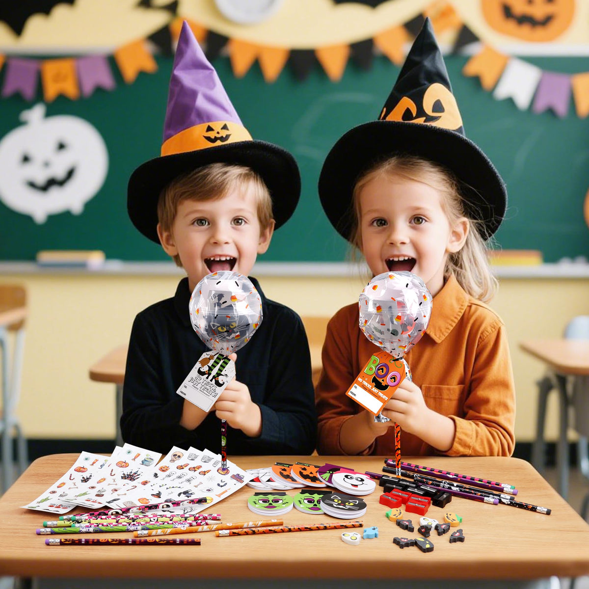 POPGIFTU Halloween Party Favors for Kids - 28 Pack Giant Lollipop-Shaped Stationery Set with Pencil Sticker Erase Notepad Sharpener for Halloween Trick or Treat, Classroom Gifts for Boys & Girls