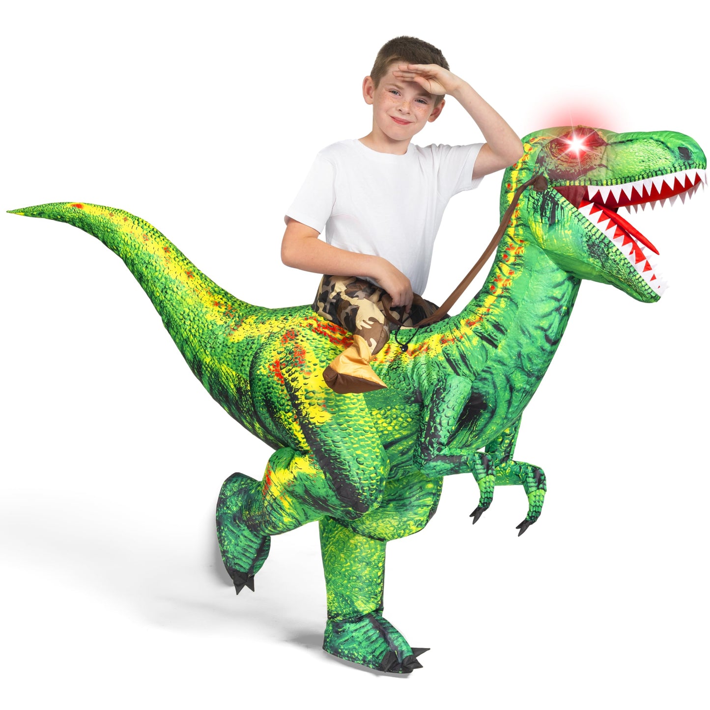 Spooktacular Creations Kids Halloween Inflatable Costume, LED Light Eyes Dinosaur, Ride on Blow Up Dragon Costume, Digital Printing T-Rex for Halloween Dress Up Party, M