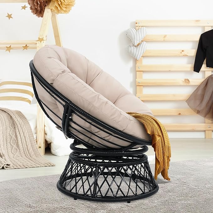 40" Ergonomic Wicker Papasan Chair, 360° Swivel Indoor Outdoor Rattan Chair with Soft Thick Cushion, Ideal for Living Room, Bedroom, Reading Room, Black Frame with Beige Cushion