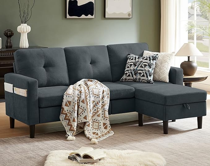 Pingliang Home Sectional Sofa Couches for Living Room, Modular 3 Seats Sectional Sofas L Shaped Couch with Storage and Reversible Chaise, Linen Fabric, 79" (Dark Grey)