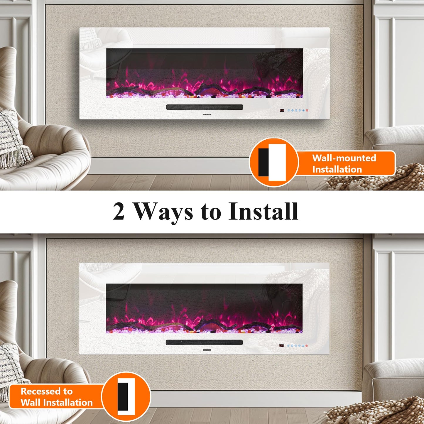 Dreamflame 50" Electric Fireplace, Recessed & Wall Mounted Fireplace Heater 13 * 13 Colors Flame &Fuel Bed w/5 Dimmer, Touchscreen &Remote Control Temp, Overheating Protect, Hardwired, 1500W, White
