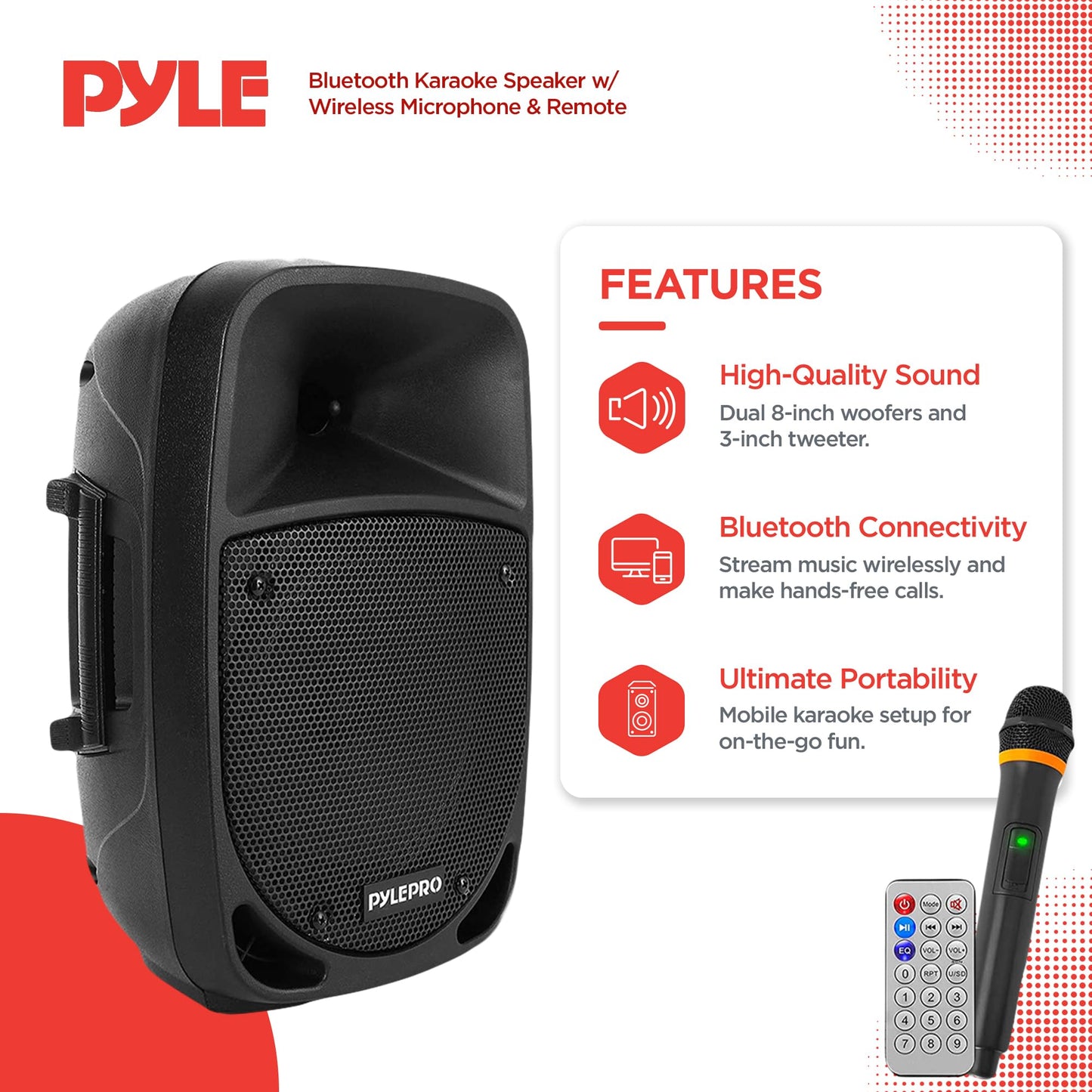 Pyle 800W Portable Bluetooth Pa Speaker - 8 Subwoofer, Led Battery Indicator Lights W/ Built-In Rechargeable Battery, Mp3/Usb/Sd