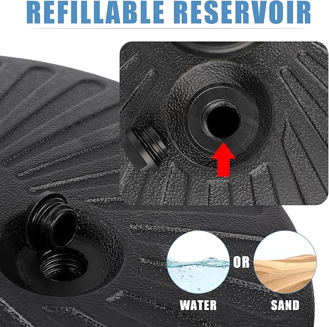 Gzdisbek Heavy Duty Umbrella Round Base Stand with Steel Umbrella Holder, Water or Sand Fillable for Outdoor, Patio, Market, Lawn, Garden, 50lbs Weight Capacity, 20inch (Black)