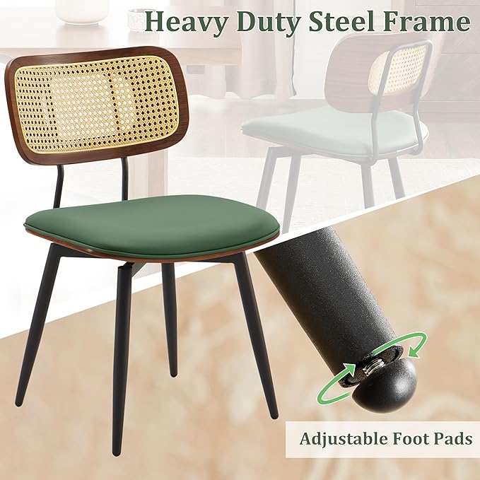 Quenvo Swivel Dining Chairs with Rattan Back, Modern Green Leather Dining Chairs Set of 2, Swivel Dining Room Chairs Kitchen Side Chairs with Metal Legs and Upholstered Seat for Kitchen & Restaurant